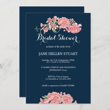 Pink peonies navy blue floral bridal shower Invitations