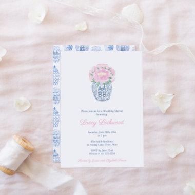 Pink Peonies Preppy Blue White Vase Bridal Shower Invitations