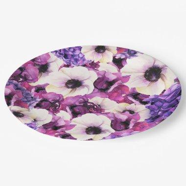 Pink & Purple Watercolor Floral Bridal Shower Paper Plates