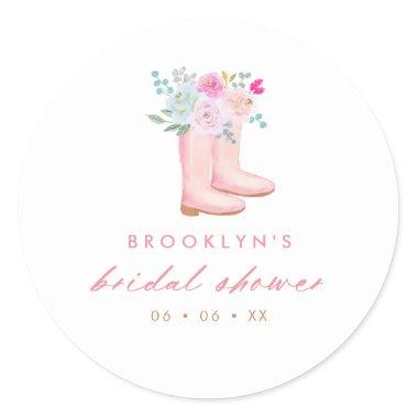Pink Rain Boots & Flowers Bridal Shower Favor Classic Round Sticker