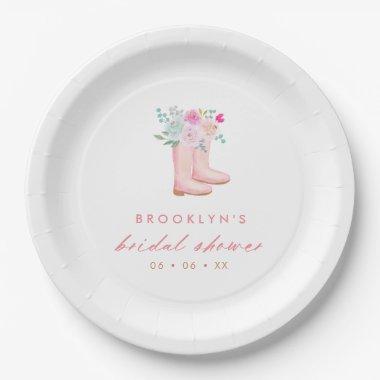 Pink Rain Boots & Flowers Bridal Shower Paper Plates
