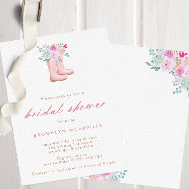 Pink Rain Boots & Flowers Farm Bridal Shower Invitations