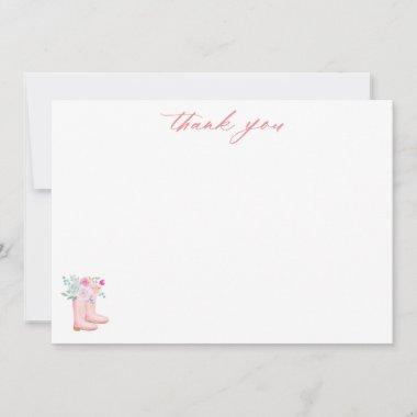 Pink Rain Boots & Flowers Script Bridal Shower Thank You Invitations