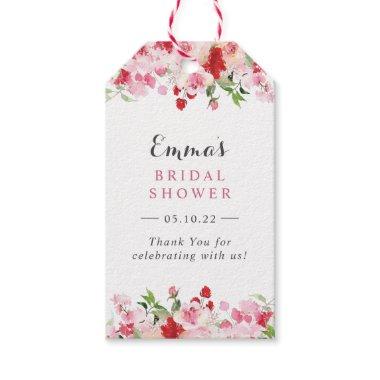 Pink Red Roses Watercolor Floral Bridal Shower Gift Tags