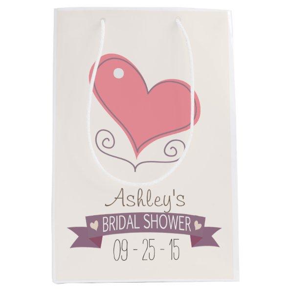 Pink Retro Doodle Heart Bridal Shower Medium Gift Bag
