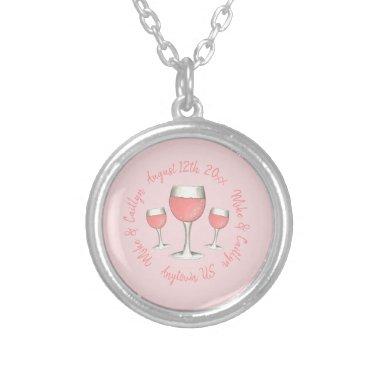 Pink Rosé Blush Wine Glass Wedding Bridal Shower Silver Plated Necklace