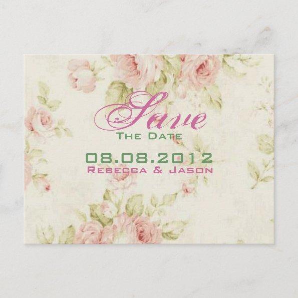 Pink rose Floral vintage wedding Save The date Announcement PostInvitations