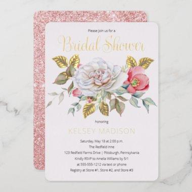 Pink Rose Watercolor Floral Blooms Bridal Shower Foil Invitations