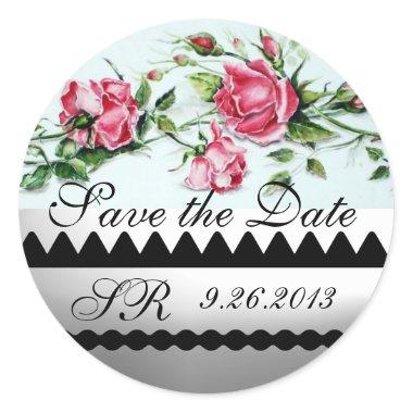 PINK ROSES AND ROSEBUDS Save The Date Monogram Classic Round Sticker