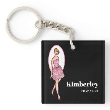 Pink Roses Classic Elegant Cocktail Dress Keychain
