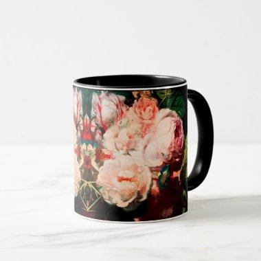 PINK ROSES ,FLOWERS,MORNING GLORIES AND BUTTERFLY MUG