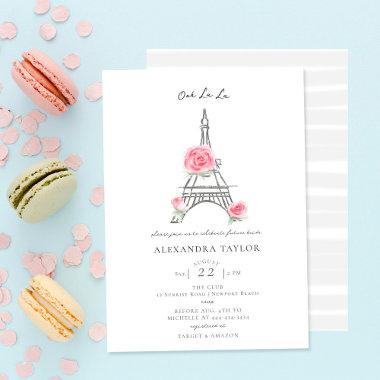 Pink Roses Glitter Paris Elegant Bridal Shower Invitations