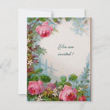 PINK ROSES, JASMINES Floral White Pearl Paper Invitations