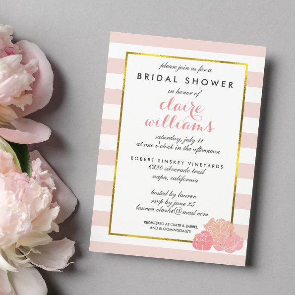 Pink Stripe & Blush Peony Bridal Shower Invitations