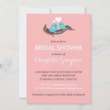 Pink Stripes Lovebirds Bridal Shower Invitations