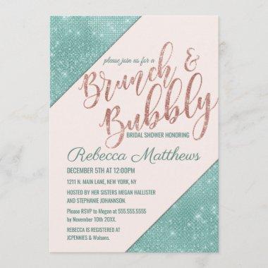 Pink Teal Blue Faux Glitter Sequin Brunch Bubbly Invitations