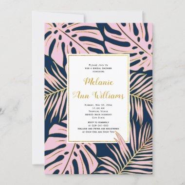 Pink tropical leavesn navy wedding bridal shower Invitations