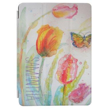 Pink Tulip Tulips Floral Watercolor Womans Name iPad Air Cover