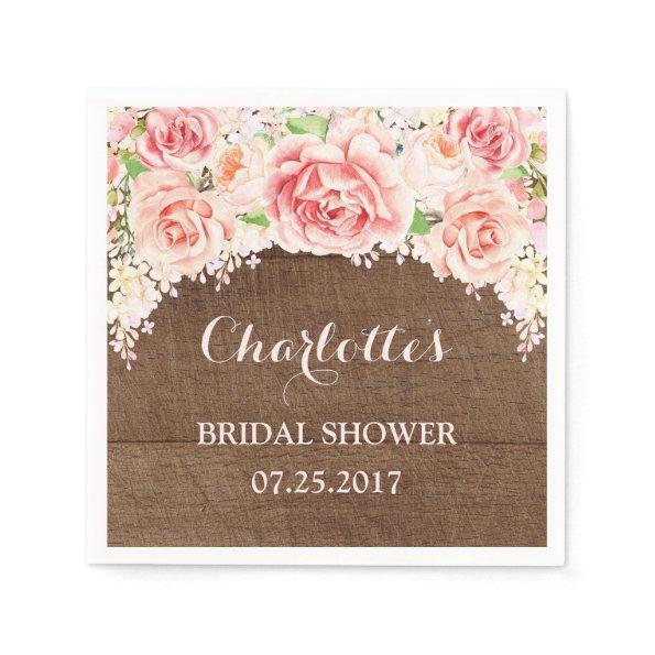 Pink Watercolor Floral Brown Wood Bridal Shower Paper Napkins