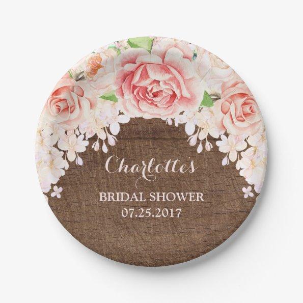Pink Watercolor Floral Brown Wood Bridal Shower Paper Plates