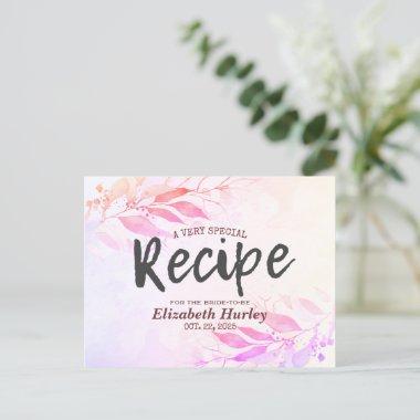 Pink Watercolor Leaves Floral Bridal Shower Recipe Invitation PostInvitations
