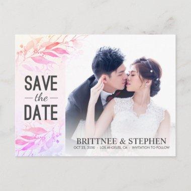 Pink Watercolor Leaves Wedding Save The Date Photo PostInvitations