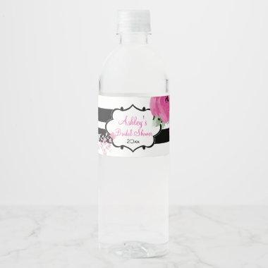 Pink Watercolor Roses and Stripes Water Bottle Label