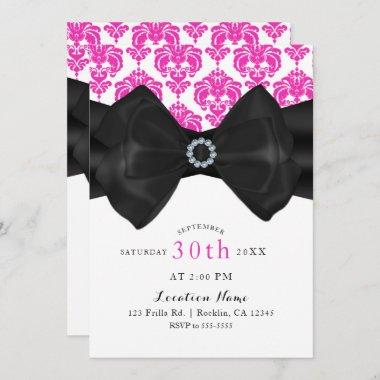 Pink & White Damask Black Bow Glam Sweet 16 Party Invitations
