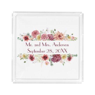 Pink White Floral Personalized Names Wedding Date Acrylic Tray