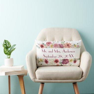 Pink White Floral Personalized Names Wedding Date Lumbar Pillow