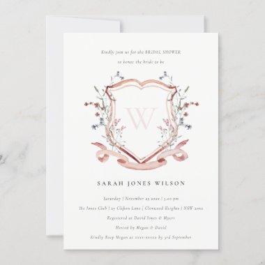 Pink Wildflower Monogram Crest Bridal Shower Invitations
