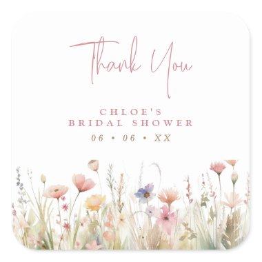 Pink Wildflowers Thank You Bridal Shower Favor Square Sticker