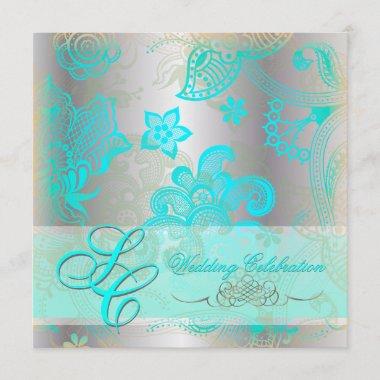 PixDezines aqua blue floral lace+faux silver Invitations