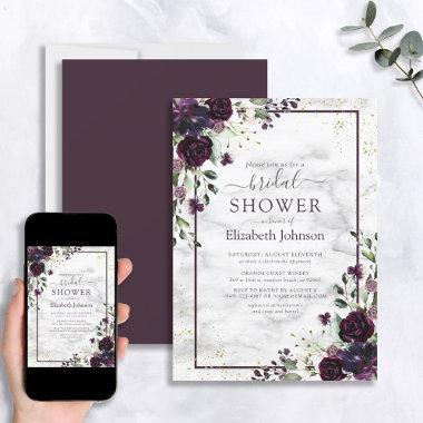 Plum Purple Gold Watercolor Marble Bridal Shower Invitations