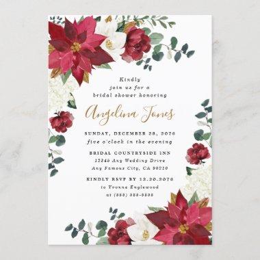 Poinsettia Elegant Winter Floral Red Bridal Shower Invitations