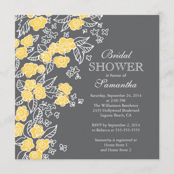 Pretty Flowers Modern Gray & Yellow Bridal Shower Invitations