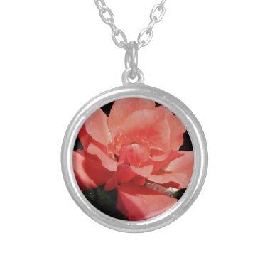 Pretty Peach Pink Rose floral Silver Plated Necklace