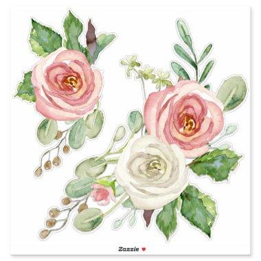 Pretty Pink Watercolor Peony Floral w Leaves Sticker