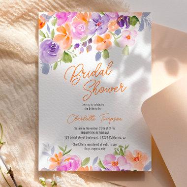 Pretty purple orange floral script bridal shower Invitations