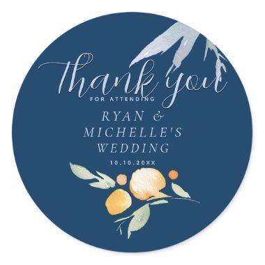 Prussian Blue, Periwinkle, and Peach Floral Classic Round Sticker