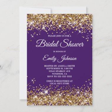 Purple and Gold Glitter Fancy Script Bridal Shower Invitations