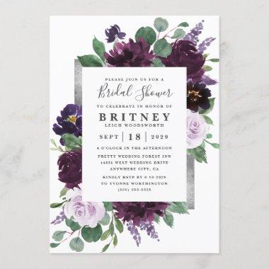 Purple and Gray Silver Watercolor Bridal Shower Invitations
