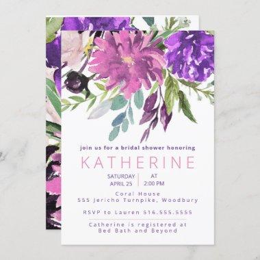 Purple and Mauve watercolor Floral Bridal Shower Invitations