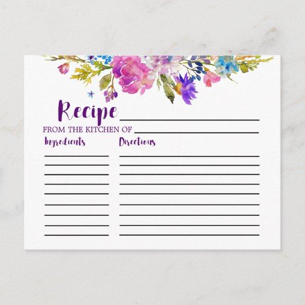 Purple and Pink Flowers Bridal Shower Recipe Invitations