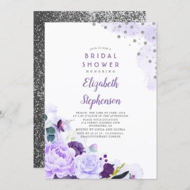 Purple and Silver Floral Romantic Bridal Shower Invitations