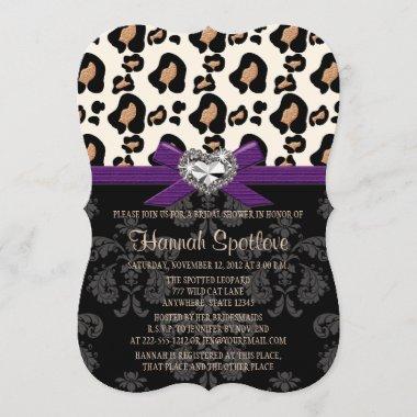 Purple Bow Leopard Print Bling Bridal Shower Invitations