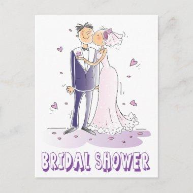 Purple Bridal Shower Cartoon Bride & Groom Wedding Invitation PostInvitations