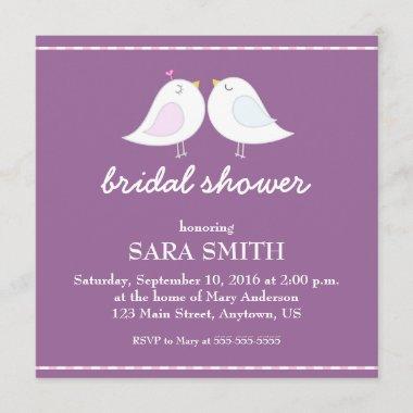 Purple Bridal Shower with Cute Love Birds Invitations