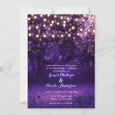 Purple Dusk String Lights Forest Rustic Wedding Invitations