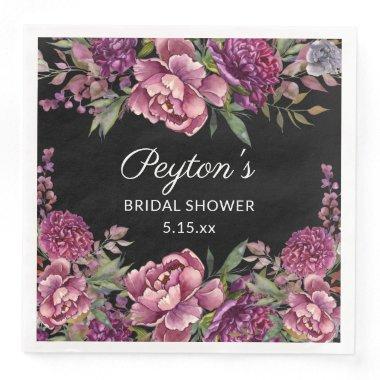 Purple Floral Black Bridal Shower Name Date Paper Dinner Napkins